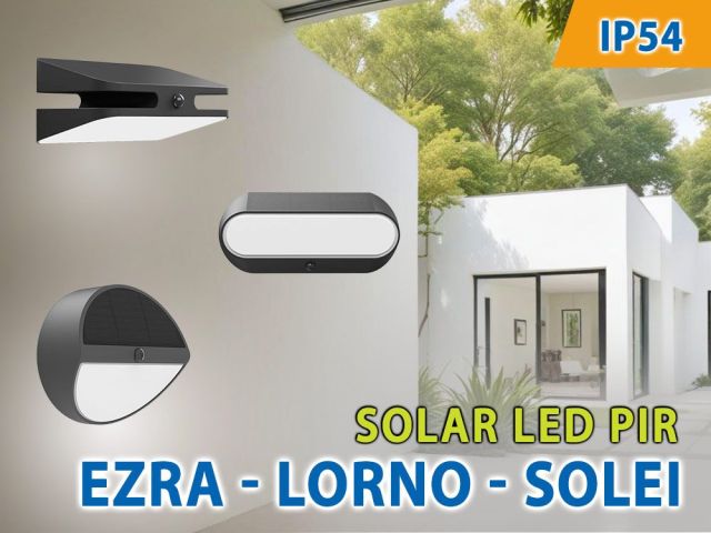 Facade solar LED fixtures with motion sensor SOLEI/LORNO/EZRA SOLAR LED