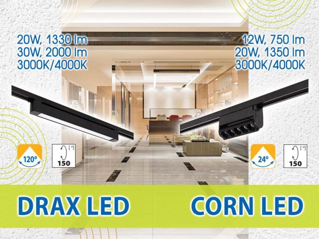 Нови серии LED линейни спотове за релсов монтаж DRAX LED/CORN LED